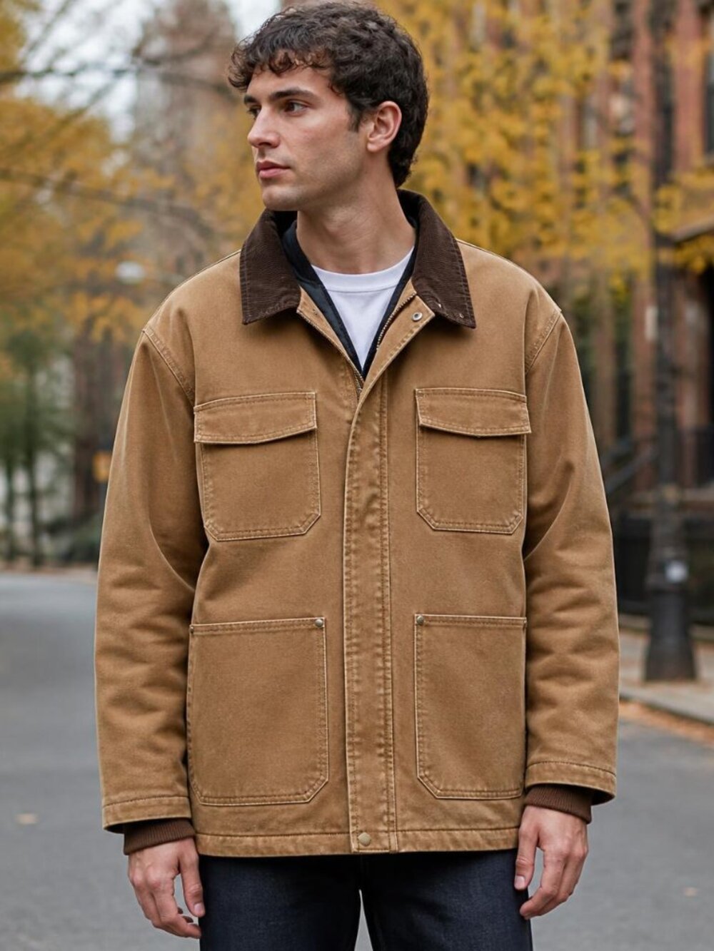 NWT Zara Canvas Workwear Chore Jacket Corduroy Collar Quilted Lined Tan Brown S